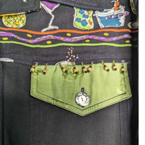 Vtg Y2K Spa Black Green Novelty Cocktail Print Embellished Button Up Jacket L - Picture 3 of 4